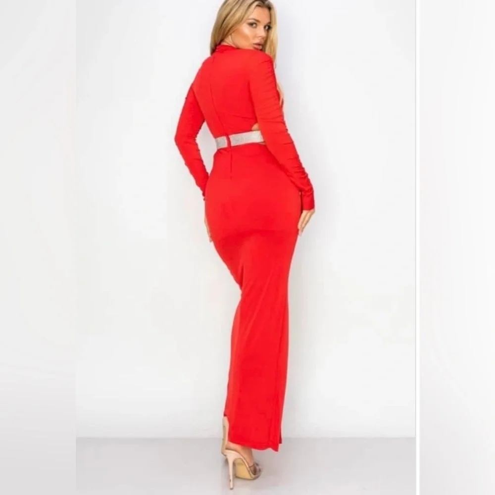 Red Maxi Pencil Skirt with Ruched Slit - Picture 3 of 5